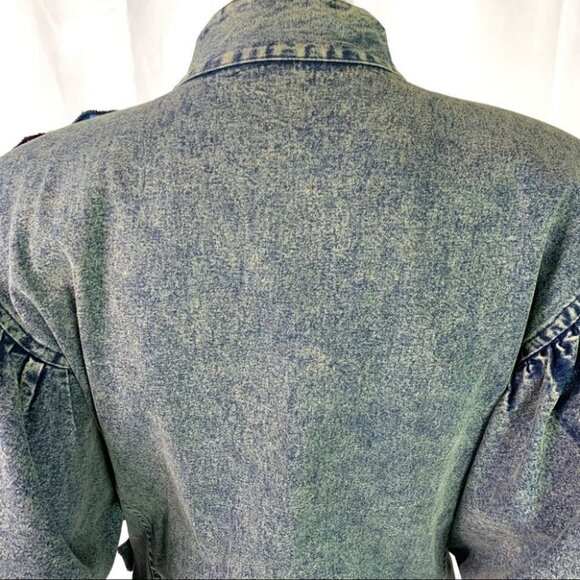 VINTAGE 80s JEANS JACKET WITH PURPLE RUFFLE BEADED DESIGN FRONT SNAP WOMEN LARGE - Picture 4 of 9